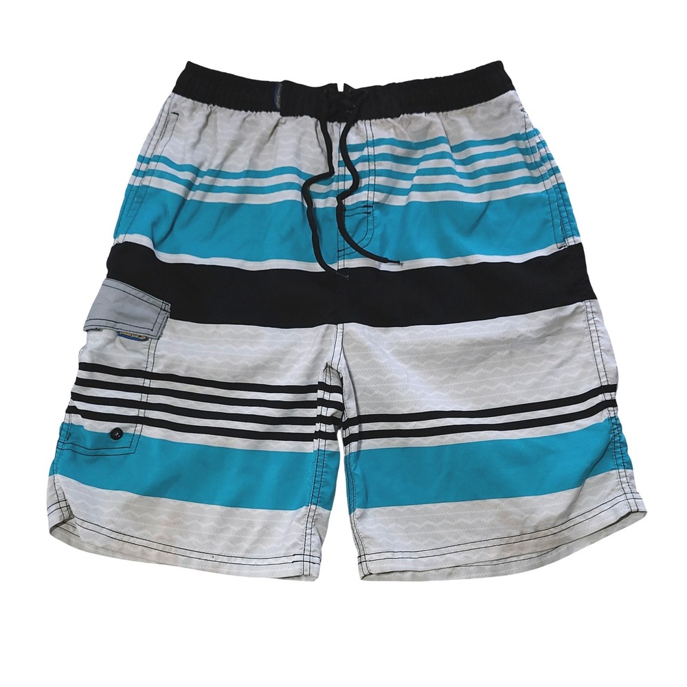 Banana Boat Striped Swim Trunks Medium Teal Black White UPF 50+ Board Shorts